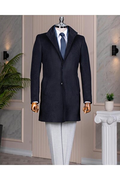 TerziAdemAltun معطف صوفي بياقة على الطراز الإيطالي باللون الأزرق الداكن T10811