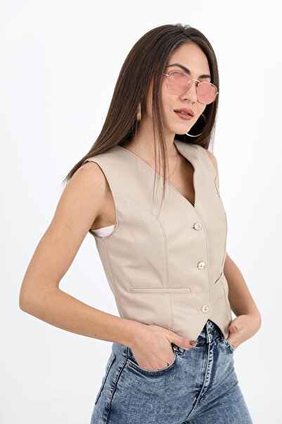 VELİZADE Дамска подплатена жилетка с V-образно деколте, копчета, мека текстур...