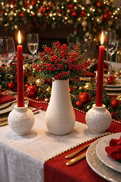 Sisay Home Yılbaşı Dekorasyon Seti | Vazo & Kar Desenli Mumluk | Şamdan Mum Uyumlu