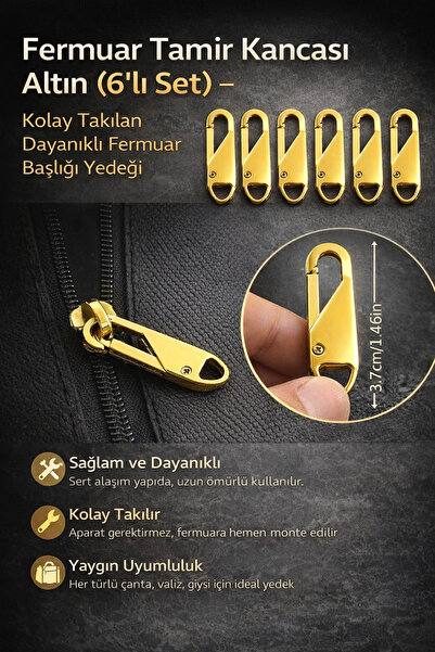 Hane Dostu 6’lı Gold Renk Fermuar Sürgüsü Başlığı – Aletsiz Takılan Dayanıklı...
