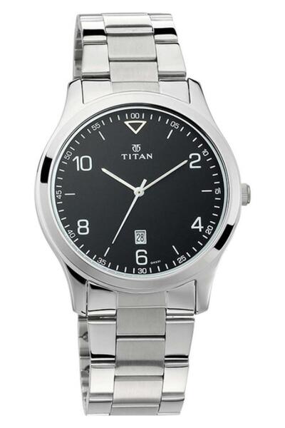 Titan ساعة رجالية كلاسيكية تناظرية بمينا أسود دائري وسوار من الفولاذ المقاوم ...