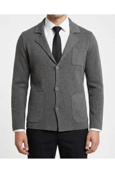 TerziAdemAltun Italian Style S Slim Fit Men's Mono Collar Button Cardigan Gra...