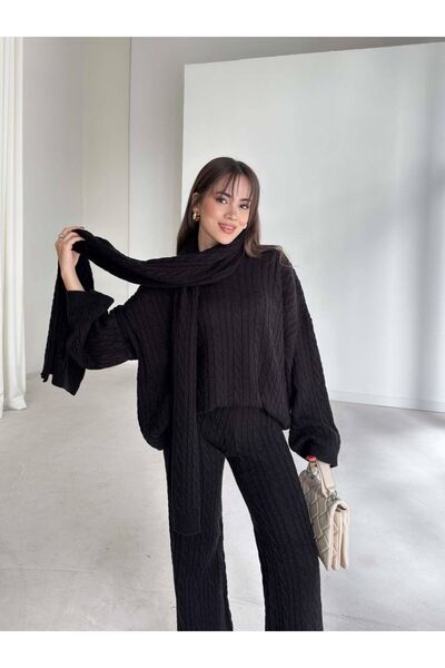 ALVOR Oversized Women's Three-Piece Knitwear Set with Sweater, Wide-Leg Pants, and Scarf