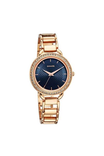 SONATA 87052WM02 Women's Watch – Blue Dial, Rose Gold-Tone Metal Strap, Quart...