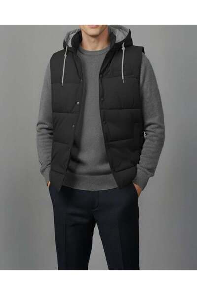 TerziAdemAltun İtalyan stil slim fit kapüşonlu kapitone erkek şişme yelek siy...