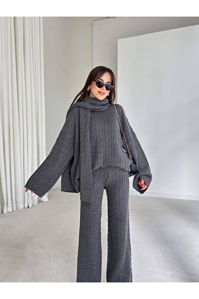 ALVOR Oversized Women's Three-Piece Knitwear Set with Sweater, Wide-Leg Pants, and Scarf