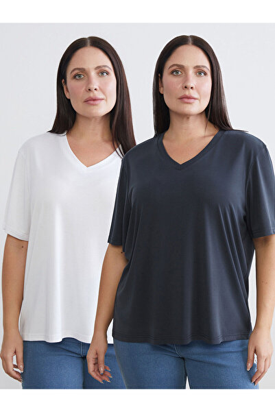 LC Waikiki artı yeni sezon Büyük Beden V Yaka Kadın Tişört 2'li