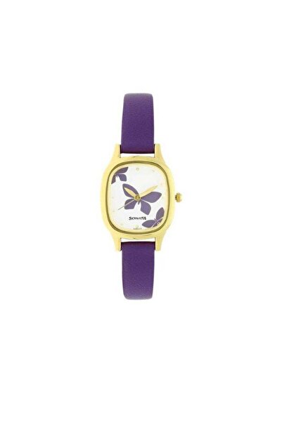 SONATA 8060YL01 Women's Watch – White Dial with Butterfly Design, Purple Leat...