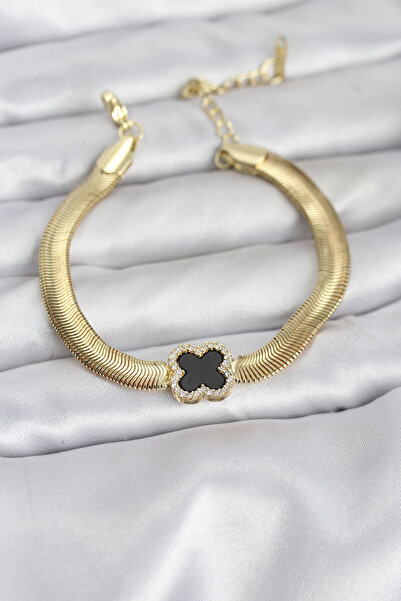 doremodam سوار نسائي من الفولاذ 316L بلون ذهبي مع نموذج البرسيم الأسود وحجر ا...