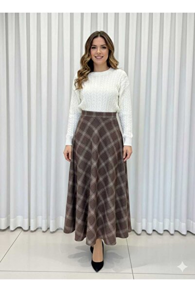 Enga Vera Kadın Ekose Desenli Uzuni Etek Yüksek Bel A Kesim Kışlık Etek - Kahverengi (çift cepli)