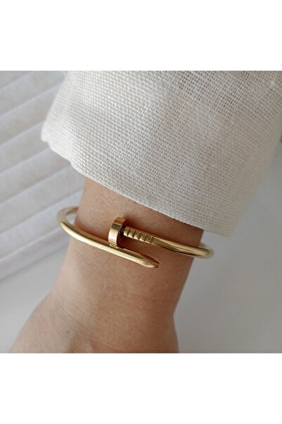 LENTE AKSESUAR Çivi Çelik Kelepçe - 14K Altın Rengi Çelik Kadın Bileklik