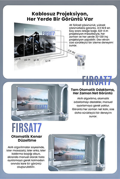 Fırsat7 FY7 APOLLON Bataryalı Projeksiyon Cihazı Taşınabilir 4K Destekli 1080P Android Sistemli Projektör F7