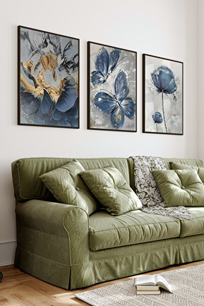 kutuTR Siyah Çerçeveli 2D Uv Baskı 3’lü Mdf Tablo Set – Çiçek Temalı Modern D...