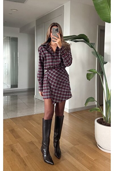 FEMMESTUDIO Kadın Ekose Düğmeli Bordo Elbise