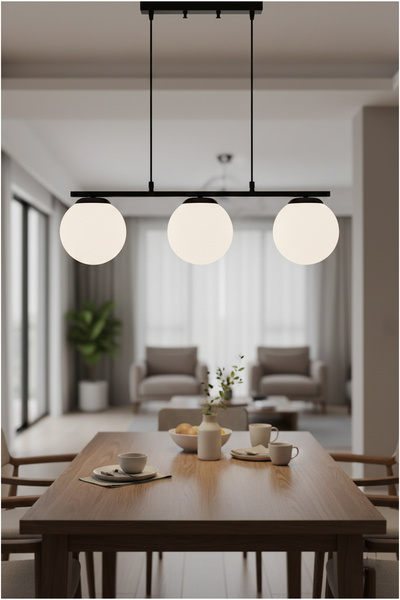 Uçar Efes Modern Tasarım Minimal Yemek Masası Üzeri Salon Mutfak Oturma Odası Siyah Renk Camlı 3 lü Avize