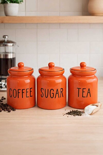 Dekorasyaa طقم 3 برطمانات سيراميك للشاي - القهوة - السكر مع أغطية - برتقالي