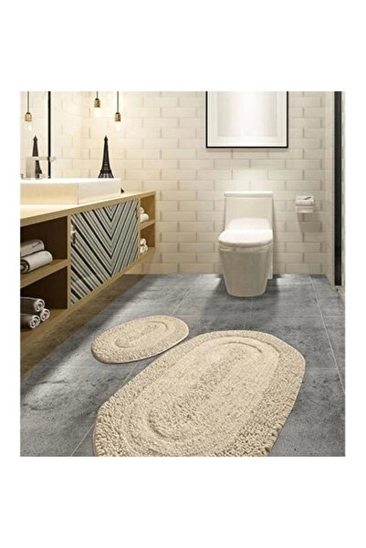 AyrStore Macoronı Bej 2li Set Klozet Takımı Banyo Paspas Seti Halısı Cotton