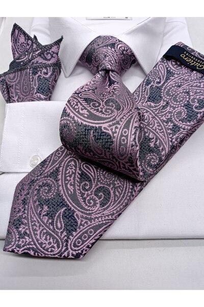 Gutiero Pembe Desenli Mendilli Klasik Kravat