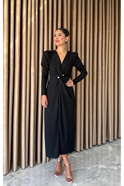 Dilek Vardar Black Women's Double-Breasted Collar Shoulder Pad Piece Dress