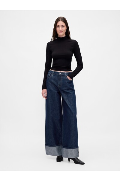 GAP Kadın Koyu Mavi Mid Rise Metalik Cuffed Baggy Jean Pantolon