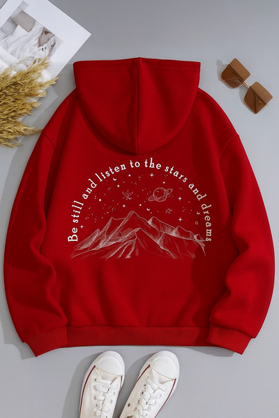 CLASSY.MODA Unisex supradimensionat cu glugă Mountain and Star cu imprimeu Te...