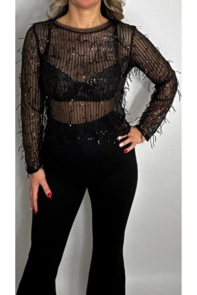 HT Boutique PAYET İŞLEMELİ TRANSPARAN BLUZ