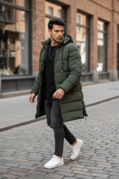 dehaine Men's long jacket, fur lined, side zippers, A72 - KHAKI