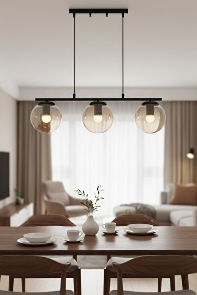 Uçar Efes Modern Tasarım Minimal Yemek Masası Üzeri Salon Mutfak Oturma Odası Siyah Renk Camlı 3 lü Avize