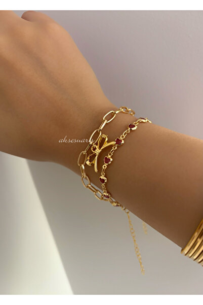 aksesuaris 2'Li Kalp Taşlı Kurdele Gold Kadın Bileklik Kombin Set