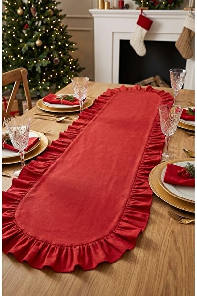 Mery Tekstil Yılbaşı Özel Fırfırlı Kırmızı Şık Oval Runner 40x110 CM