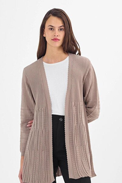 Uludağ Triko Women's Embroidered F Corded Fabric Buttonless Mother Knitwear Cardigan