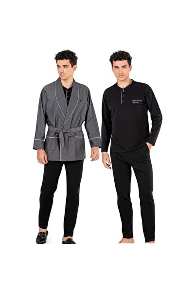 NazikEndam طقم روب رجالي مكون من 3 قطع 5610 - أسود