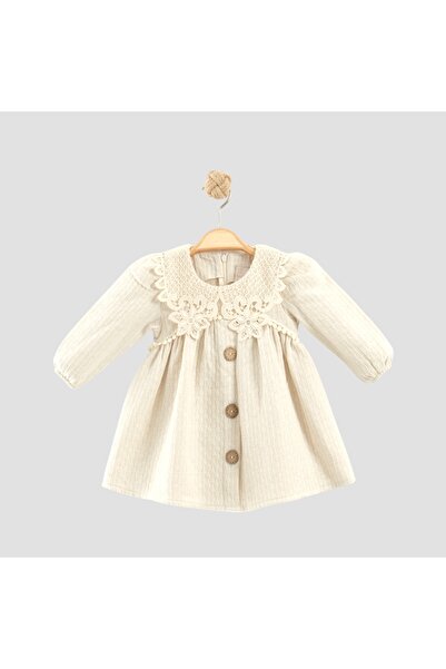 Dandini Kız Bebek %100 Pamuk Keten Dantel Yakalı Uzun Kollu Bej Elbise