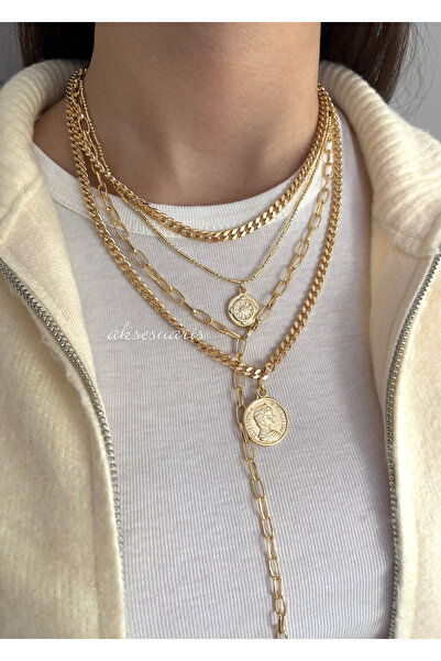 aksesuaris 4-Piece Gold Medallion Low-Cut Multi-Women Necklace Set