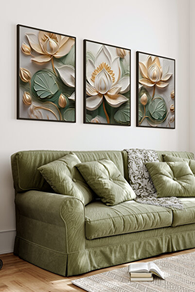 kutuTR Siyah Çerçeveli 2D Uv Baskı 3’lü Mdf Tablo Set –Lotus Çiçeği Temalı Du...