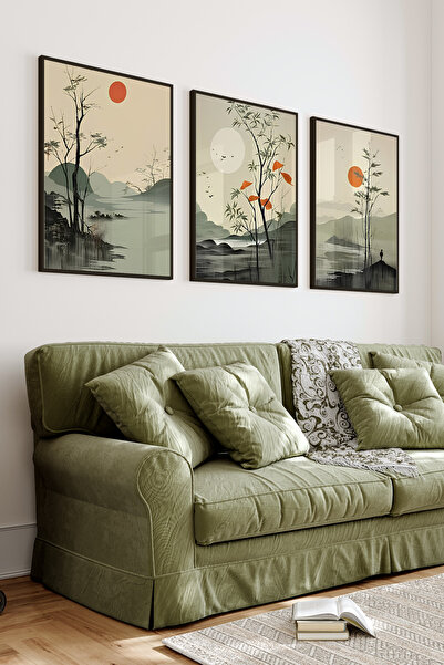 kutuTR Siyah Çerçeveli 2D Uv Baskı 3’lü Mdf Tablo Set – Gün Batımı Ve Doğa Ma...
