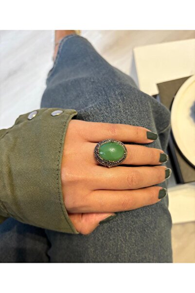 Ceso Accesories Vintage Tarzı Eskitme Bronz Kaplama Büyük Yeşil Akik Taşlı Yüzük