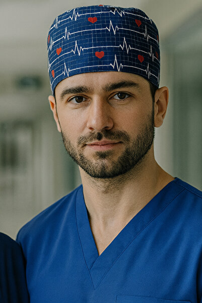 Lion Üniforma EKG Lacivert Desenli Cerrahi Bone Unisex – Likralı Doktor Hemşi...