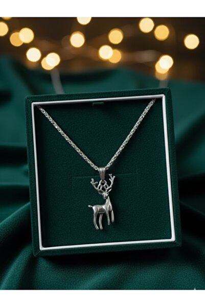 KANERUZ Gümüş Renk Geyik Figürlü Yeni Yıl Kolyesi Yılbaşı Hediyesi