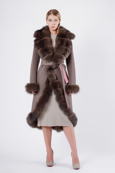 Leather Club Kahve Hakiki Deri Garnili Yün Kaban