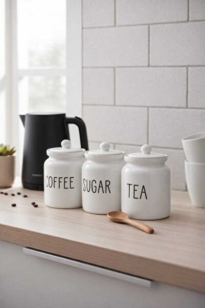 Dekorasyaa طقم 3 برطمانات سيراميك للشاي - القهوة - السكر مع أغطية - أبيض