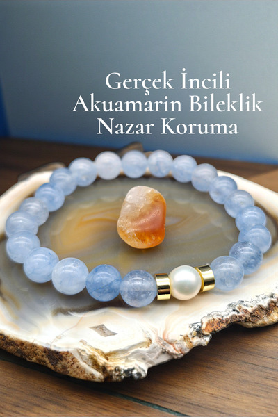 NBS Beautiful Naturel Stones Gerçek İncili Akuamarin Bileklik 18 cm Doğal Taş...