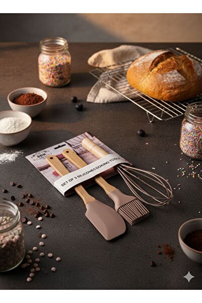 mutfak Bambu Saplı 3'Lü Silikon Set (Fırça Spatula, Çırpıcı)