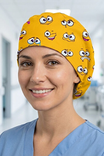 Lion Üniforma Emoji Desenli Cerrahi Bone Unisex – Likralı Doktor Hemşire Bonesi