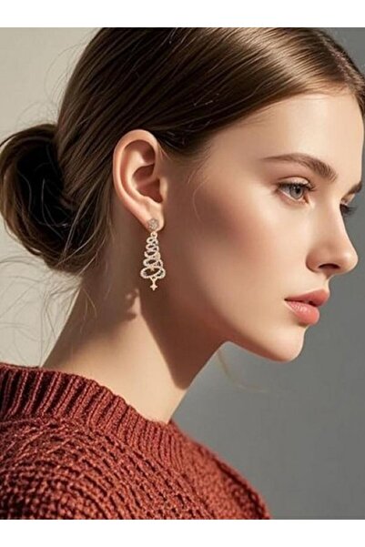 Alyas Aksesuar أقراط شجرة عيد الميلاد باللون الذهبي مع أحجار وبريق