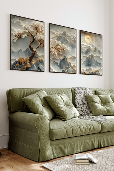 kutuTR Siyah Çerçeveli 2D Uv Baskı 3’lü Mdf Tablo Set –Altın Detaylı Dağ Ve A...