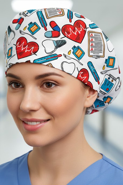 Lion Üniforma Kalp Atışı Beyaz Desenli Cerrahi Bone Unisex – Likralı Doktor H...