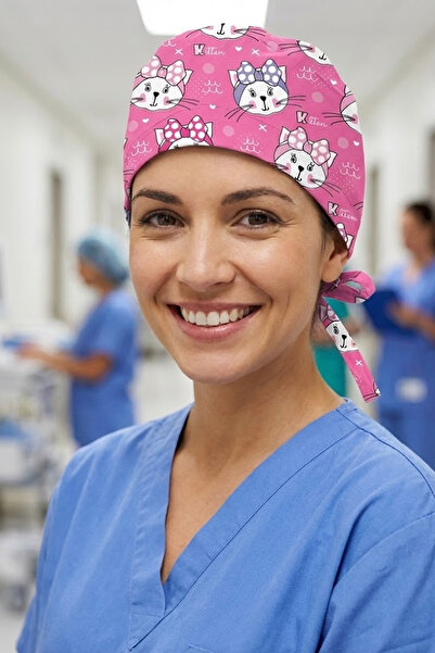 Lion Üniforma Kitten Cat Desenli Cerrahi Bone Unisex – Likralı Doktor Hemşire...