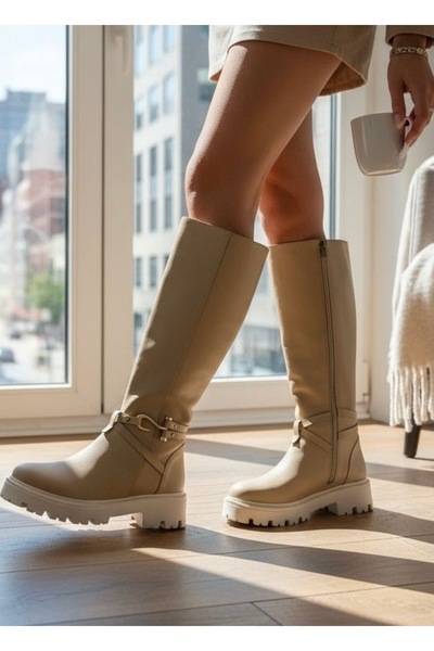 Yazın Ayakkabıları KREM YANI TOKA DETAYLI KREM KALIN TABANLI YANDAN FERMUARLI...