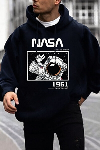classy moda Unisex Oversized Hooded Astronaut Space Themed Graphic Printed Ca...